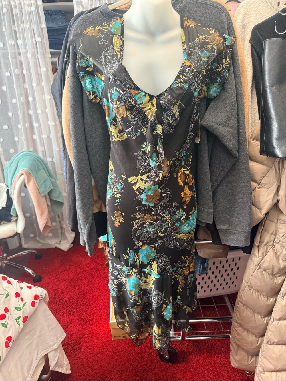 Vintage Floral V-Neck Black & Teal Midi Dress